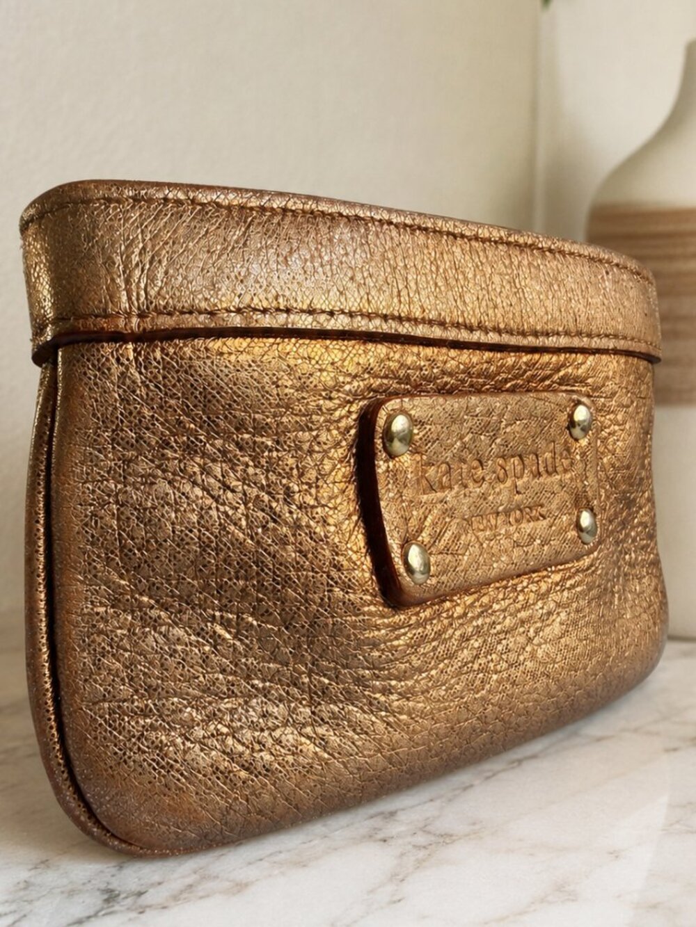 Kate Spade Metallic Bronze Pebble Leather Coin/Card Pouch
